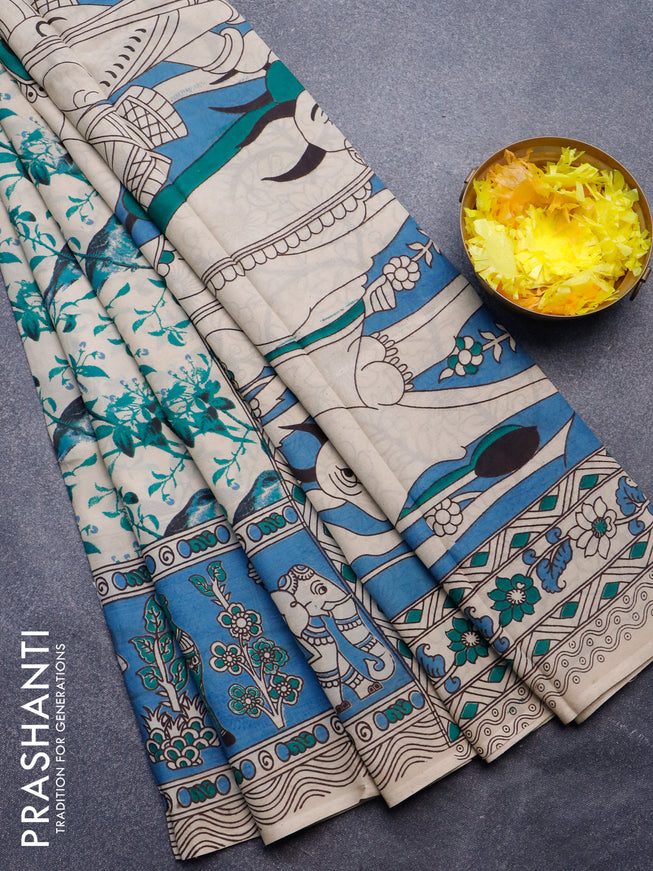 Kalamkari semi silk saree beige and blue with allover prints and printed border