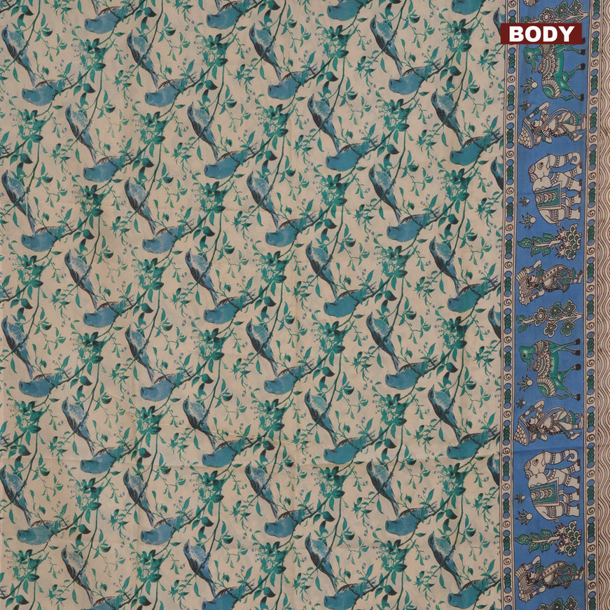 Kalamkari semi silk saree beige and blue with allover prints and printed border