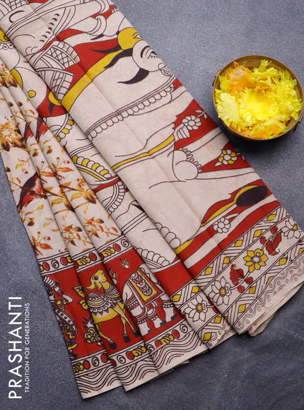 Kalamkari semi silk saree beige and maroon with allover prints and printed border