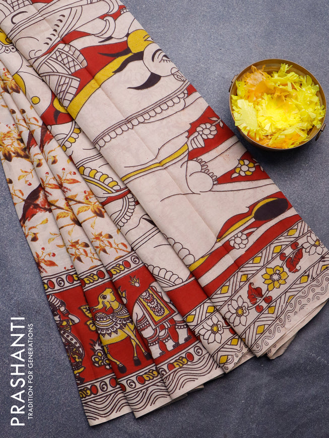 Kalamkari semi silk saree beige and maroon with allover prints and printed border