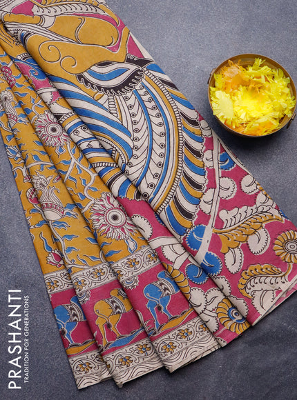 Kalamkari semi silk saree mustard yellow and magenta pink with allover prints and printed border