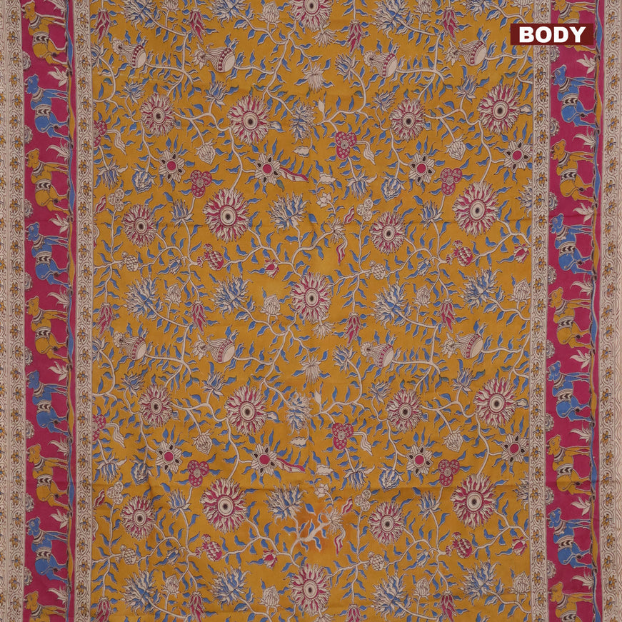 Kalamkari semi silk saree mustard yellow and magenta pink with allover prints and printed border