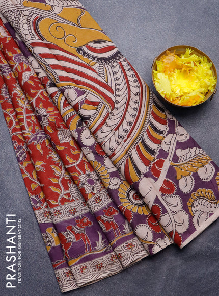 Kalamkari semi silk saree maroon and violet with allover prints and printed border