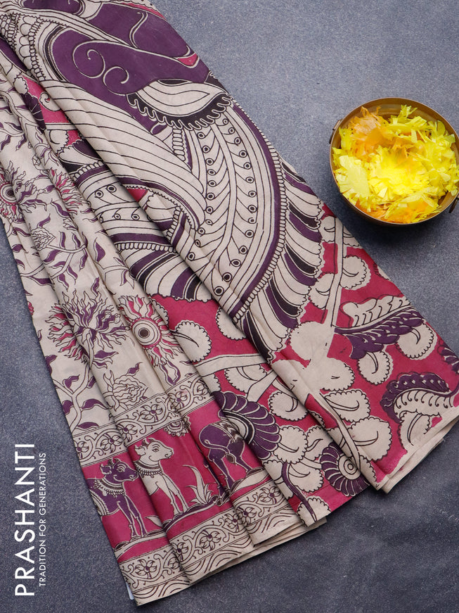 Kalamkari semi silk saree beige and magenta pink with allover prints and printed border