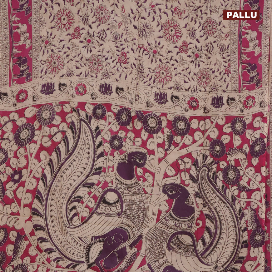 Kalamkari semi silk saree beige and magenta pink with allover prints and printed border