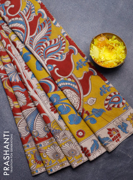 Kalamkari semi silk saree maroon and yellow with allover prints and printed border