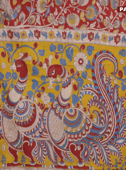 Kalamkari semi silk saree maroon and yellow with allover prints and printed border