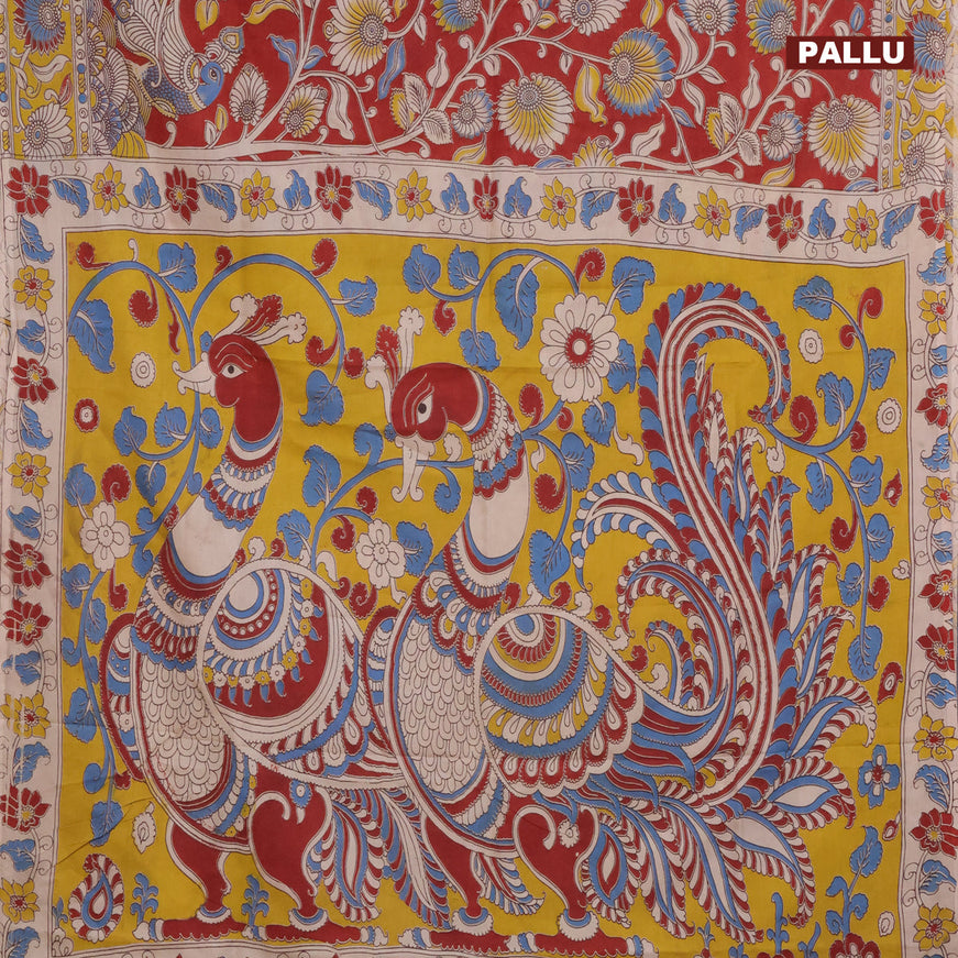 Kalamkari semi silk saree maroon and yellow with allover prints and printed border