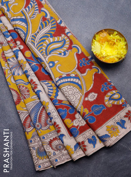 Kalamkari semi silk saree yellow and beige with allover prints and printed border