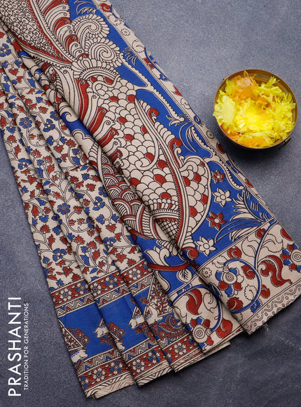 Kalamkari semi silk saree beige and blue with allover prints and printed border