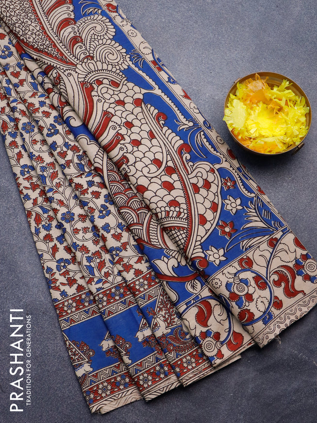 Kalamkari semi silk saree beige and blue with allover prints and printed border