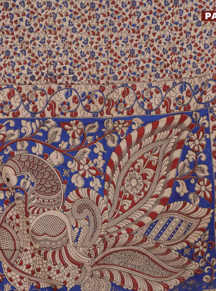 Kalamkari semi silk saree beige and blue with allover prints and printed border