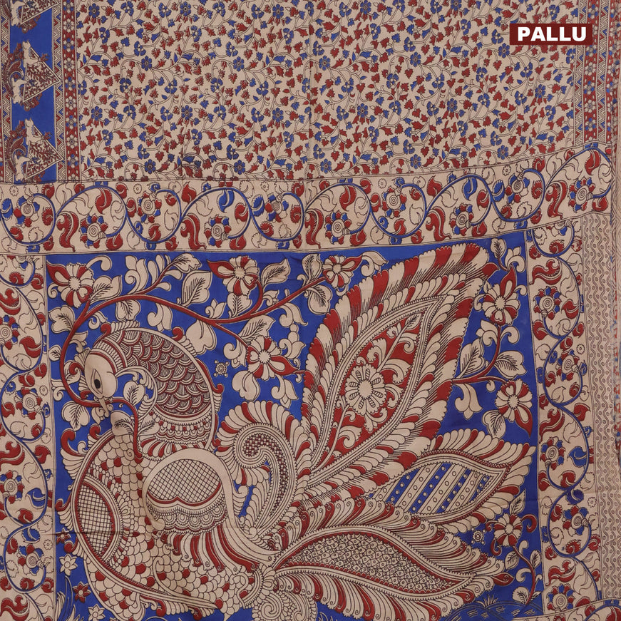 Kalamkari semi silk saree beige and blue with allover prints and printed border