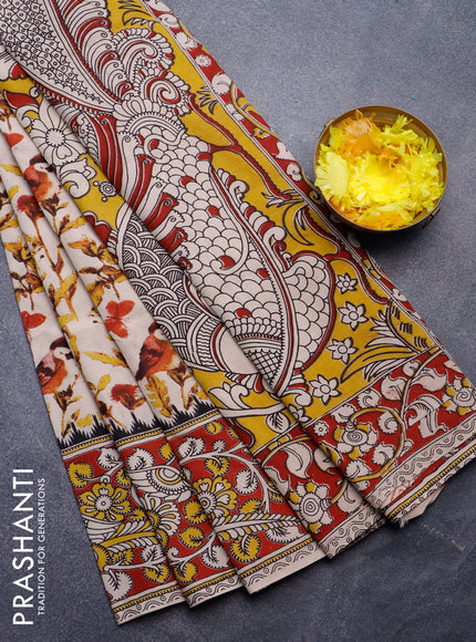 Kalamkari semi silk saree beige and maroon with allover prints and printed border