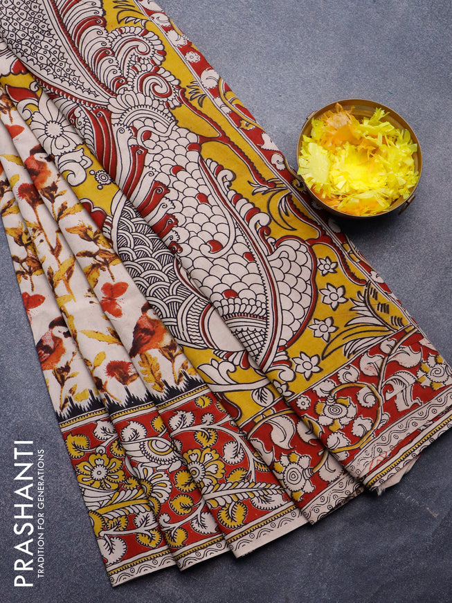 Kalamkari semi silk saree beige and maroon with allover prints and printed border