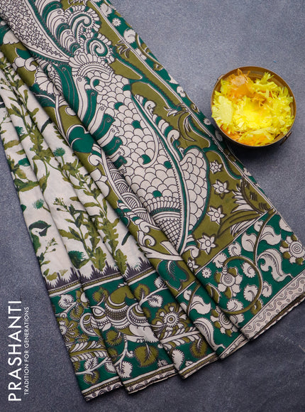 Kalamkari semi silk saree beige and green with allover prints and printed border