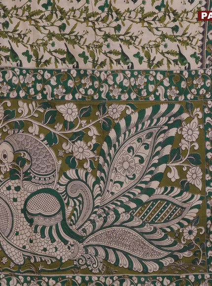 Kalamkari semi silk saree beige and green with allover prints and printed border