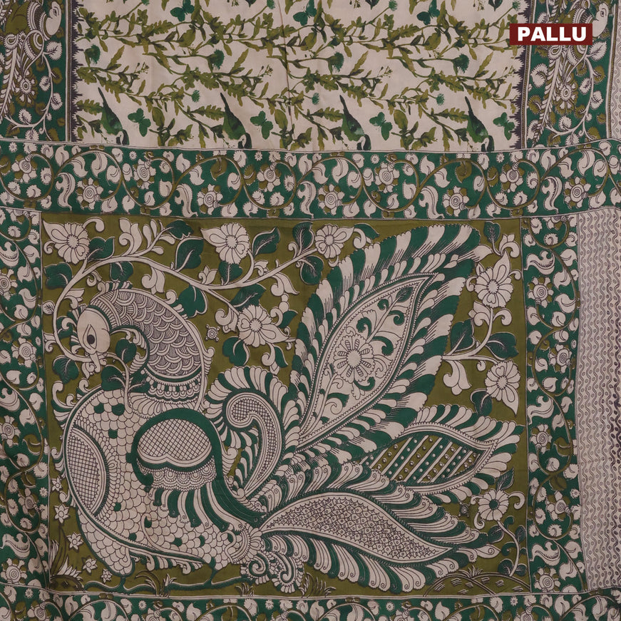 Kalamkari semi silk saree beige and green with allover prints and printed border