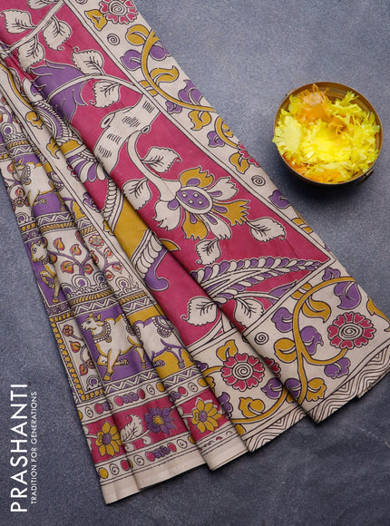 Kalamkari semi silk saree lavender shade and magenta pink with allover prints and printed border