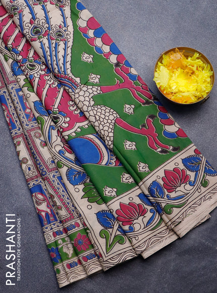 Kalamkari semi silk saree magenta pink blue and green with allover prints and printed border