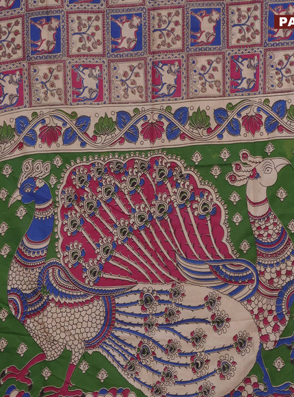 Kalamkari semi silk saree magenta pink blue and green with allover prints and printed border