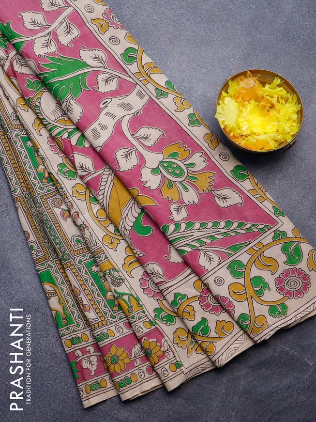 Kalamkari semi silk saree green yellow and magenta pink with allover prints and printed border