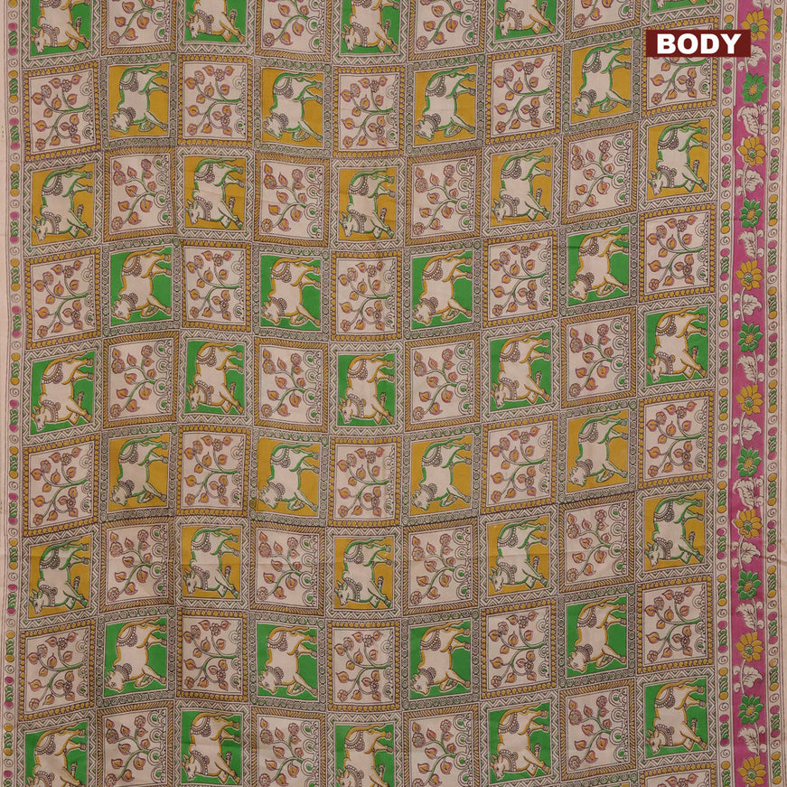 Kalamkari semi silk saree green yellow and magenta pink with allover prints and printed border