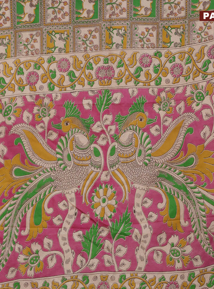 Kalamkari semi silk saree green yellow and magenta pink with allover prints and printed border