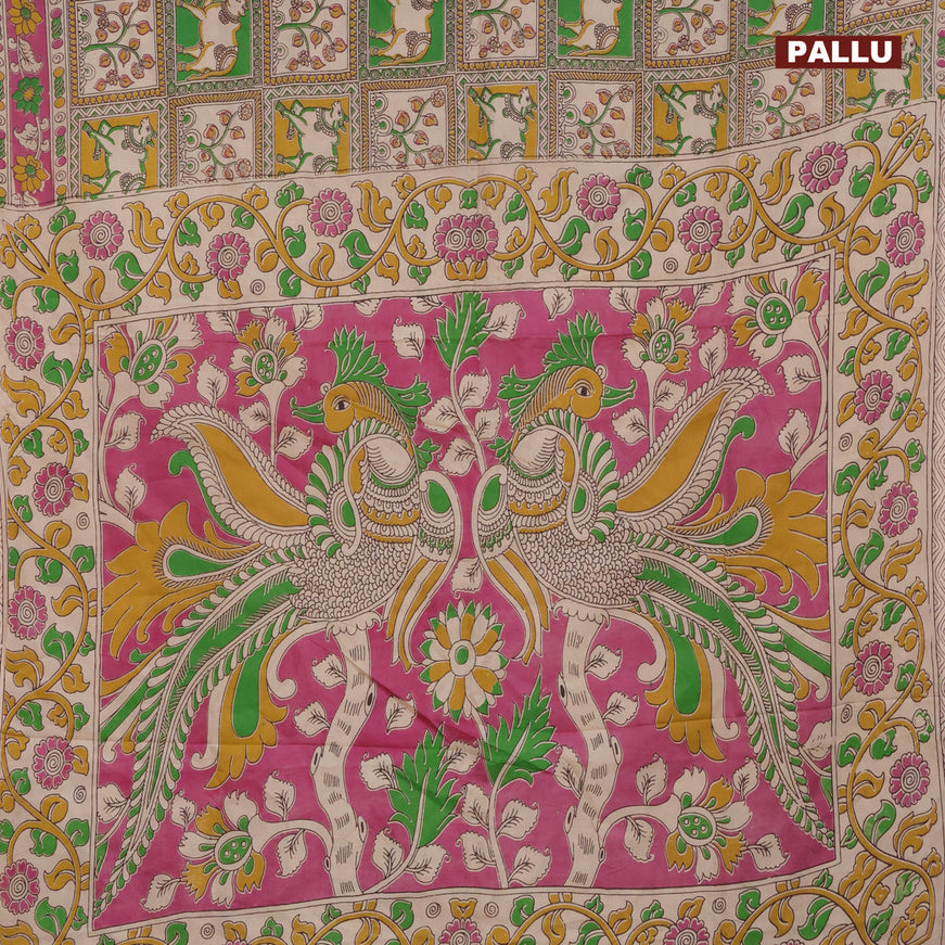 Kalamkari semi silk saree green yellow and magenta pink with allover prints and printed border