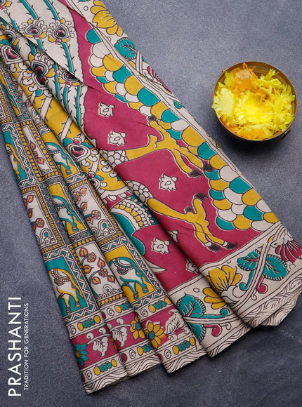 Kalamkari semi silk saree teal green yellow and magenta pink with allover prints and printed border