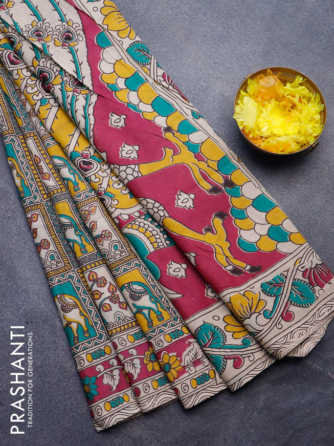 Kalamkari semi silk saree teal green yellow and magenta pink with allover prints and printed border