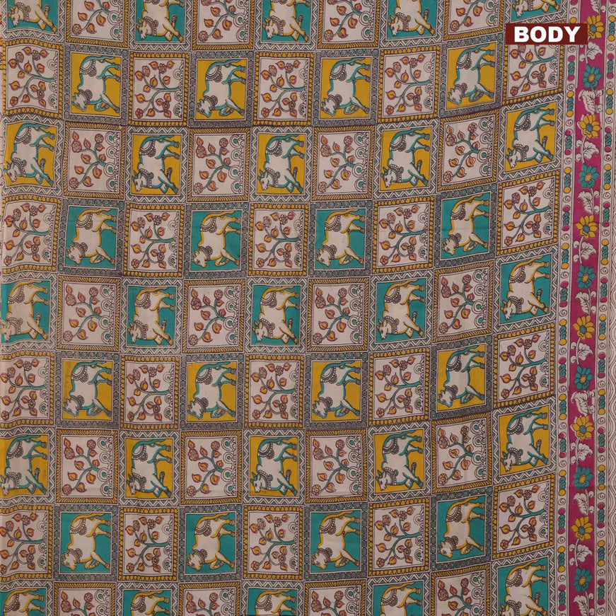 Kalamkari semi silk saree teal green yellow and magenta pink with allover prints and printed border