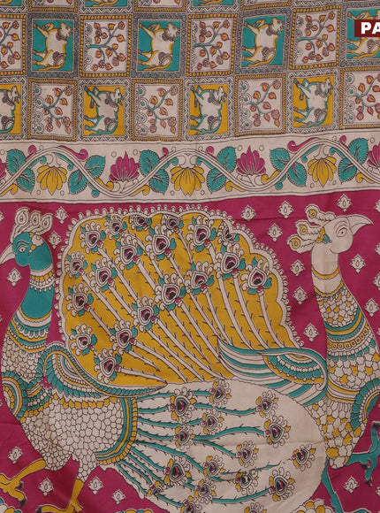 Kalamkari semi silk saree teal green yellow and magenta pink with allover prints and printed border