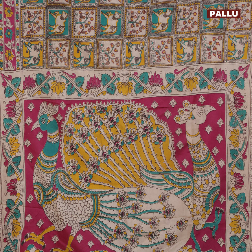 Kalamkari semi silk saree teal green yellow and magenta pink with allover prints and printed border