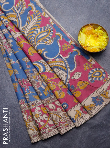 Kalamkari semi silk saree blue and magenta pink with allover prints and printed border