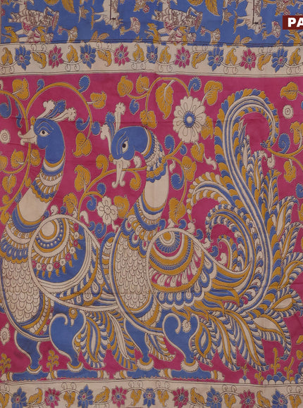 Kalamkari semi silk saree blue and magenta pink with allover prints and printed border