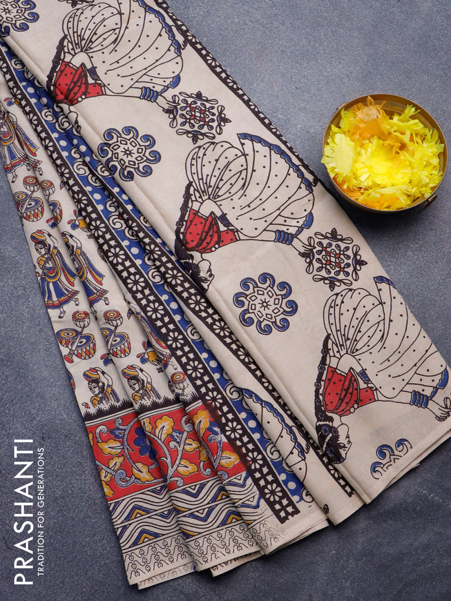 Kalamkari semi silk saree beige and red with allover prints and printed border