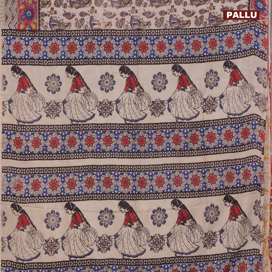 Kalamkari semi silk saree beige and red with allover prints and printed border