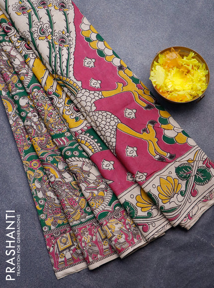 Kalamkari semi silk saree green and magenta pink with allover prints and printed border