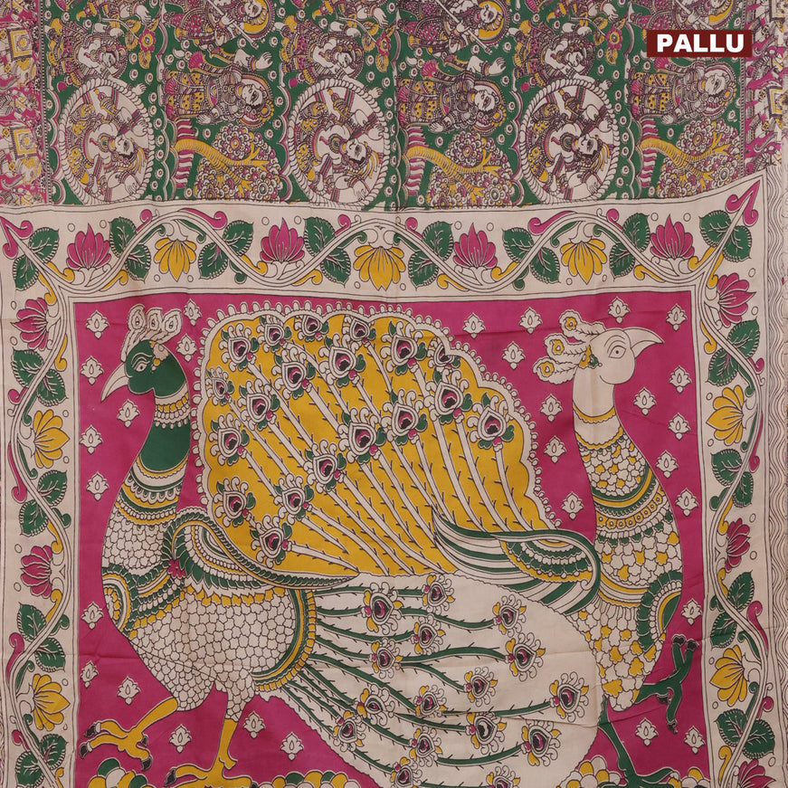 Kalamkari semi silk saree green and magenta pink with allover prints and printed border