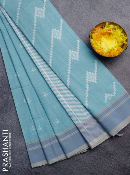 Khadi cotton sarees teal blue shade and grey with thread woven buttas and woven border