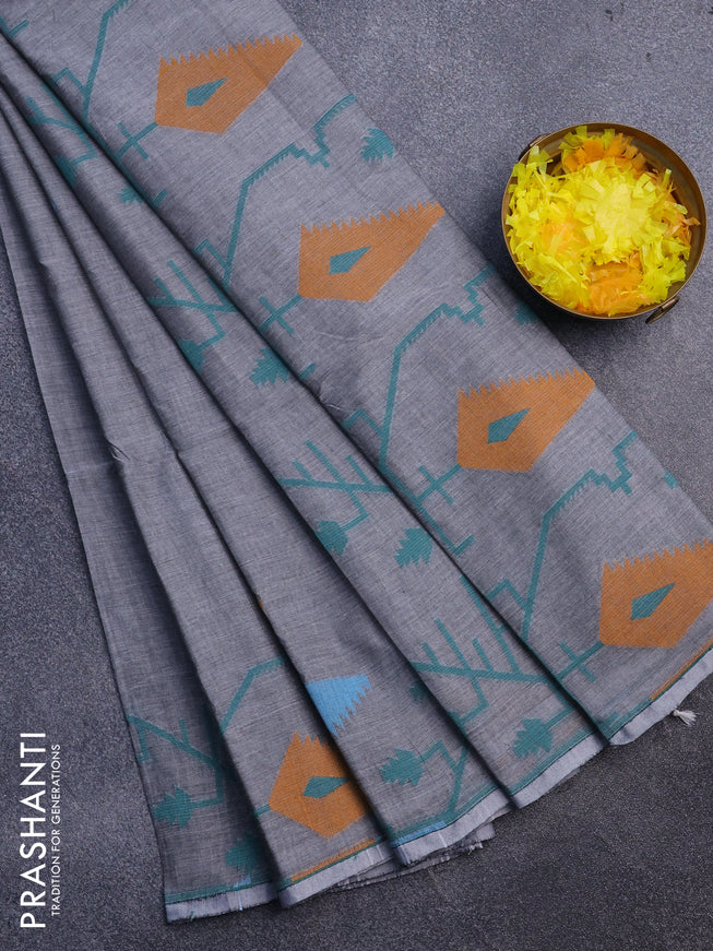 Khadi cotton sarees dark grey with thread woven buttas and woven border