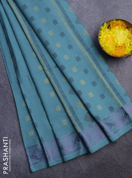 Khadi cotton sarees teal blue with thread woven floral buttas and woven border