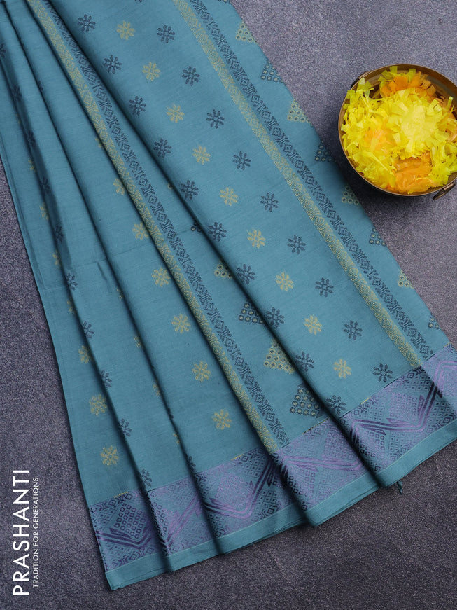 Khadi cotton sarees teal blue with thread woven floral buttas and woven border