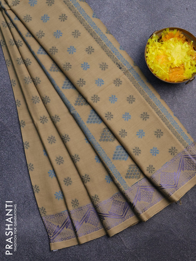 Khadi cotton sarees beige with thread woven floral buttas and woven border