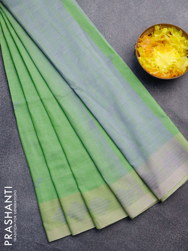 Khadi cotton sarees green shade with allover thread woven buttas and thread woven border