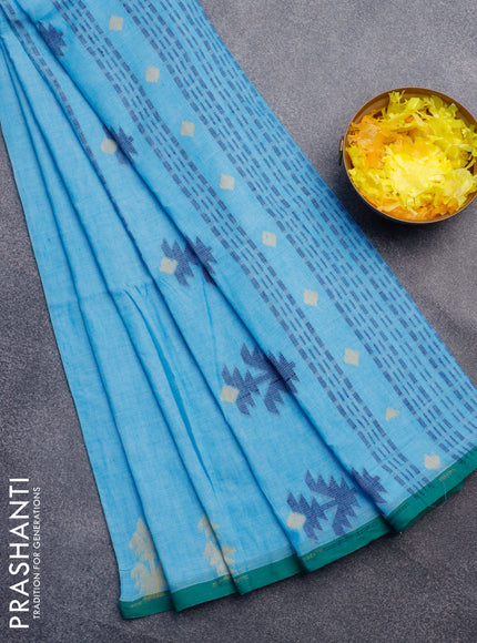 Khadi cotton sarees light blue with thread woven buttas and piping border