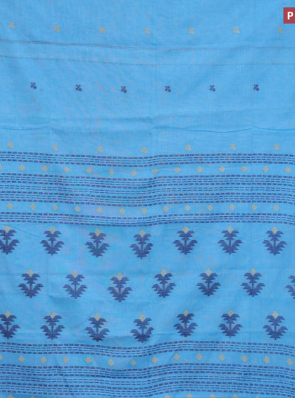 Khadi cotton sarees light blue with thread woven buttas and piping border