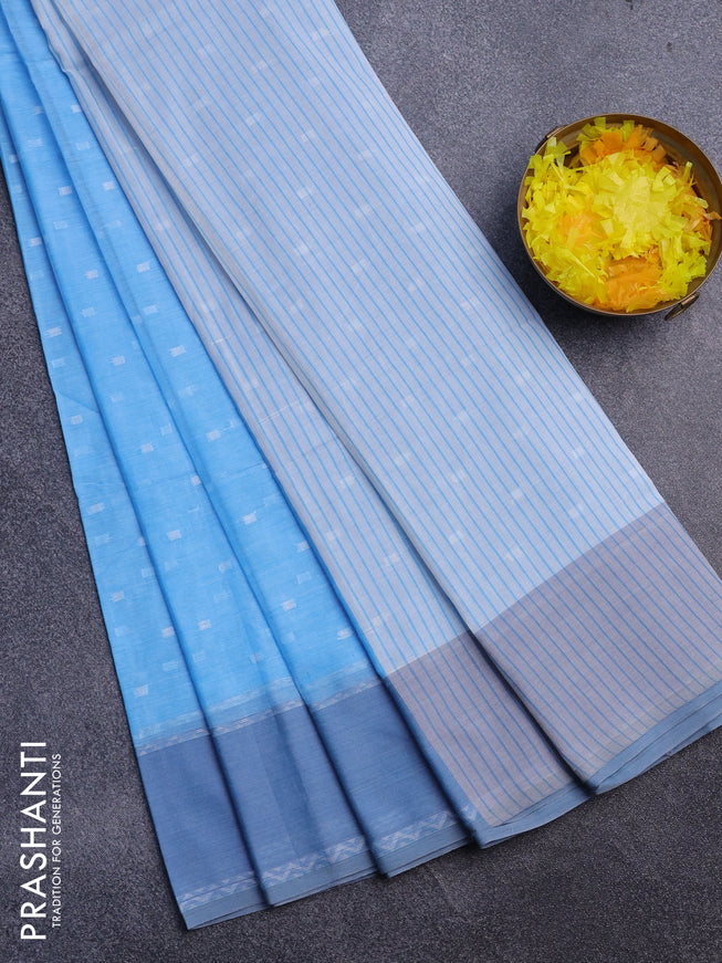 Khadi cotton sarees light blue and grey with allover thread woven buttas and thread woven border