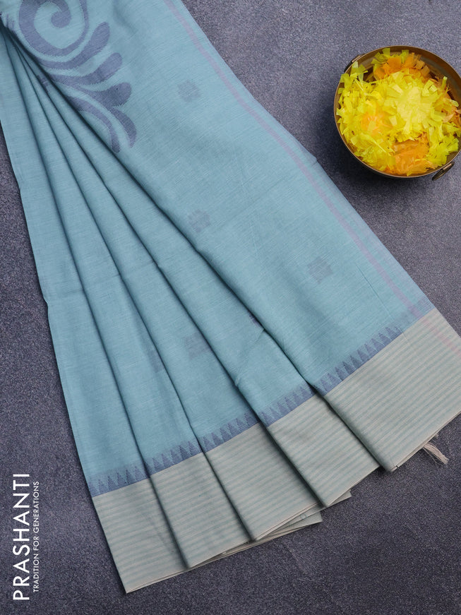 Khadi cotton sarees pastel blue and beige with thread woven buttas and simple border